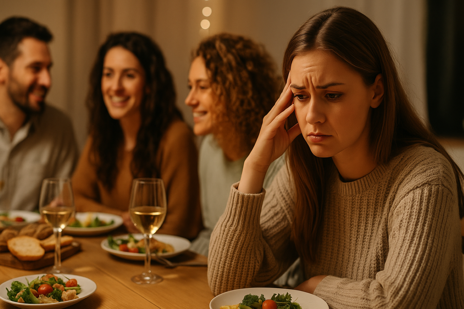 Frau mit unsicherem Blick wegen Reizdarm